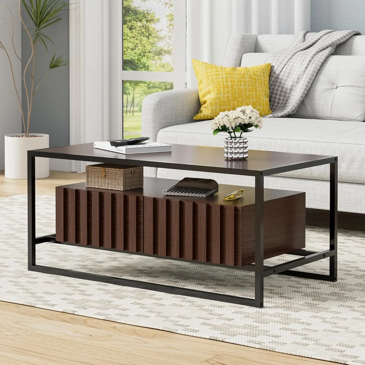 UEV Mid-Century Modern Multifunctional Storage Cabinet - Floating Drawer Coffee Table with Metal Frame, MDF Wood, Easy Setup for Living Room