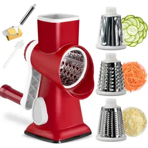 3 in 1 Manual Vegetable Cutter Machine with Stainless Steel Changeable Blades Rotary Cheese Grater Kitchen Tool Potato Slicer Shredder Nuts Chocolate Chopper Red white