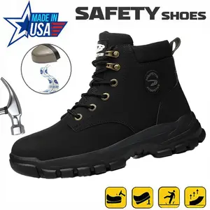 Men's Solid Color Classic High Top Plain Toe Work Shoes Safety Boots, Comfy Non-Slip Durable Lace Up Anti-Smashing Anti-Stab