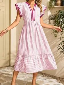 Summer new fashionable and fresh dress, casual and versatile V-neck flutter sleeves, fitted waist to show slimness, A-line mid-length dress, suitable for work commuting, beach vacation, afternoon tea date, picnic