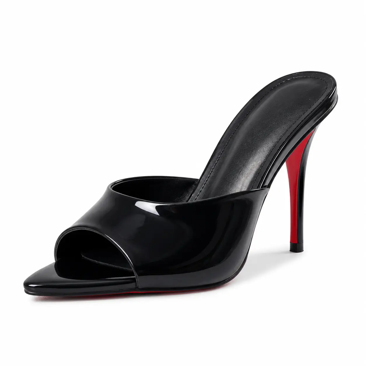 Custom Made Peep Toe Patent Leather Stiletto Mules for Women Slip On Red Sole High Heel Slides Comfort Leg Lifting Evening Heels Elegant Open Toe Backless Pumps Suitable for Date Night Club Party Cocktail Wedding and All Dressy Special Occasions