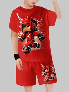 Boys' Cartoon Anime Lightning Character Set, Casual Fitted Short Sleeve Two-Piece, Trendy Game Style Clothing Sets