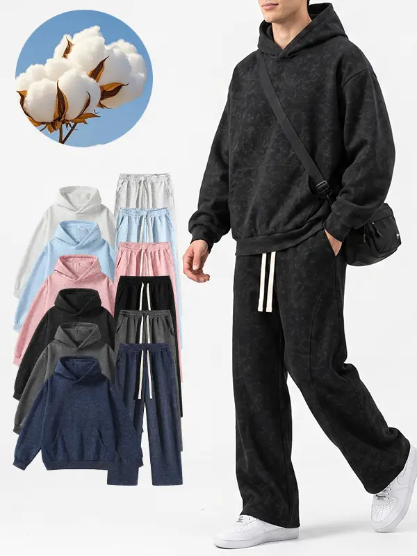 Men's Vintage Acid Washed Look Cotton Poly 2-Piece Tracksuit - Oversized Hooded Sweatshirt & Wide-Leg Sweatpants Matching Set, Casual Streetwear Menswear Outfit (Multiple Colors)