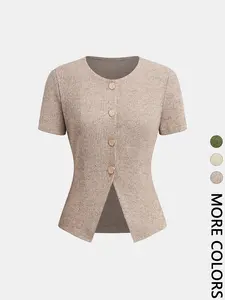 1 Piece Solid Color Ribbed Short Sleeve Button Front Women Top Blouse, Minimalist Everyday Wear Fit