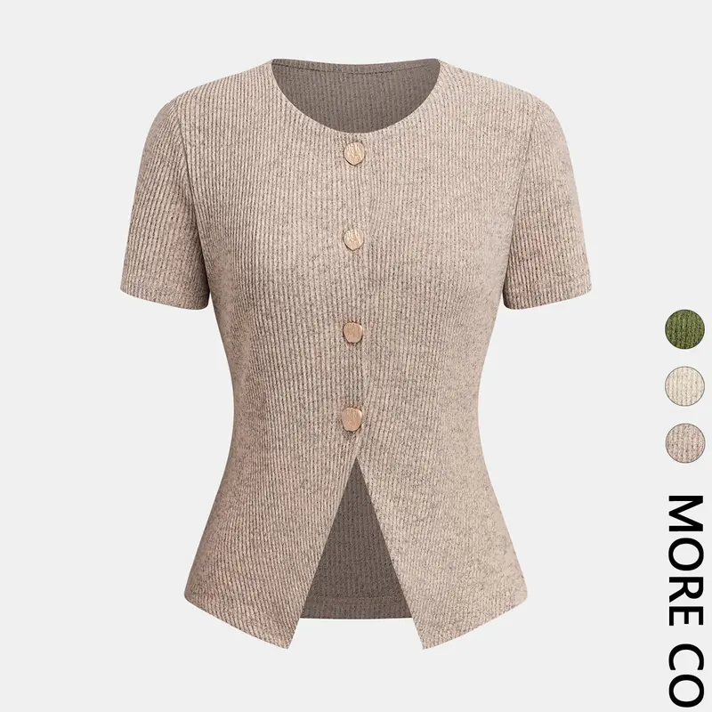 1 Piece Solid Color Ribbed Short Sleeve Button Front Women Top Blouse Shirts Basic Minimalist Everyday Wear Fit Casual