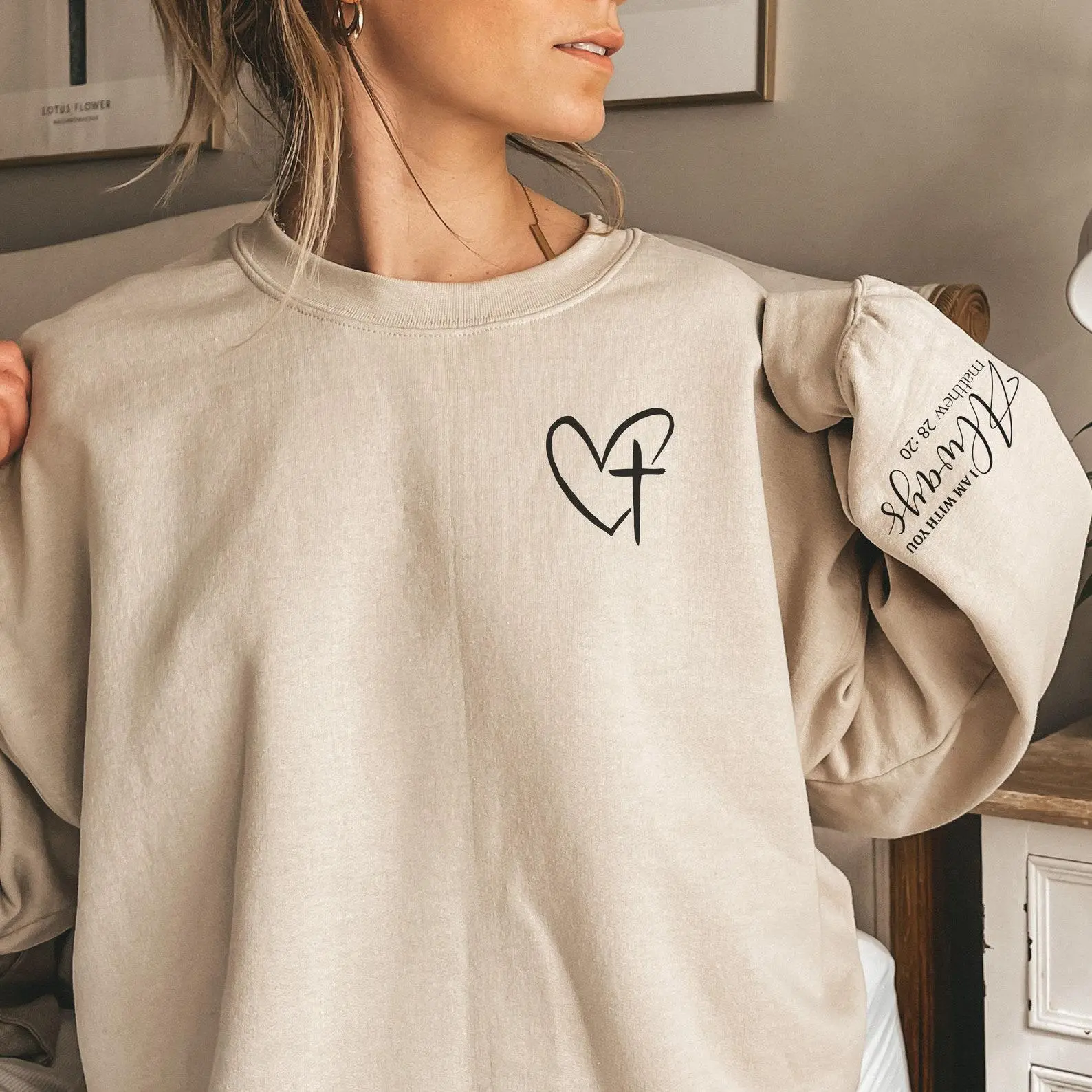 Christian Sweatshirt Bible Verse Sleeve Print Crewneck Religious Apparel Gift Daughter Mom Women's Religious Jesus Shirt Baptism Faith Cross Shirt