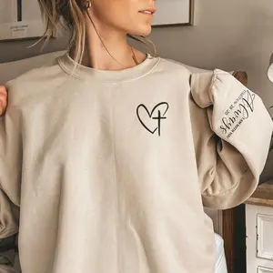 Christian Sweatshirt Bible Verse Sleeve Print Crewneck Religious Apparel Gift Daughter Mom Women's Religious Jesus Shirt Baptism Faith Cross Shirt