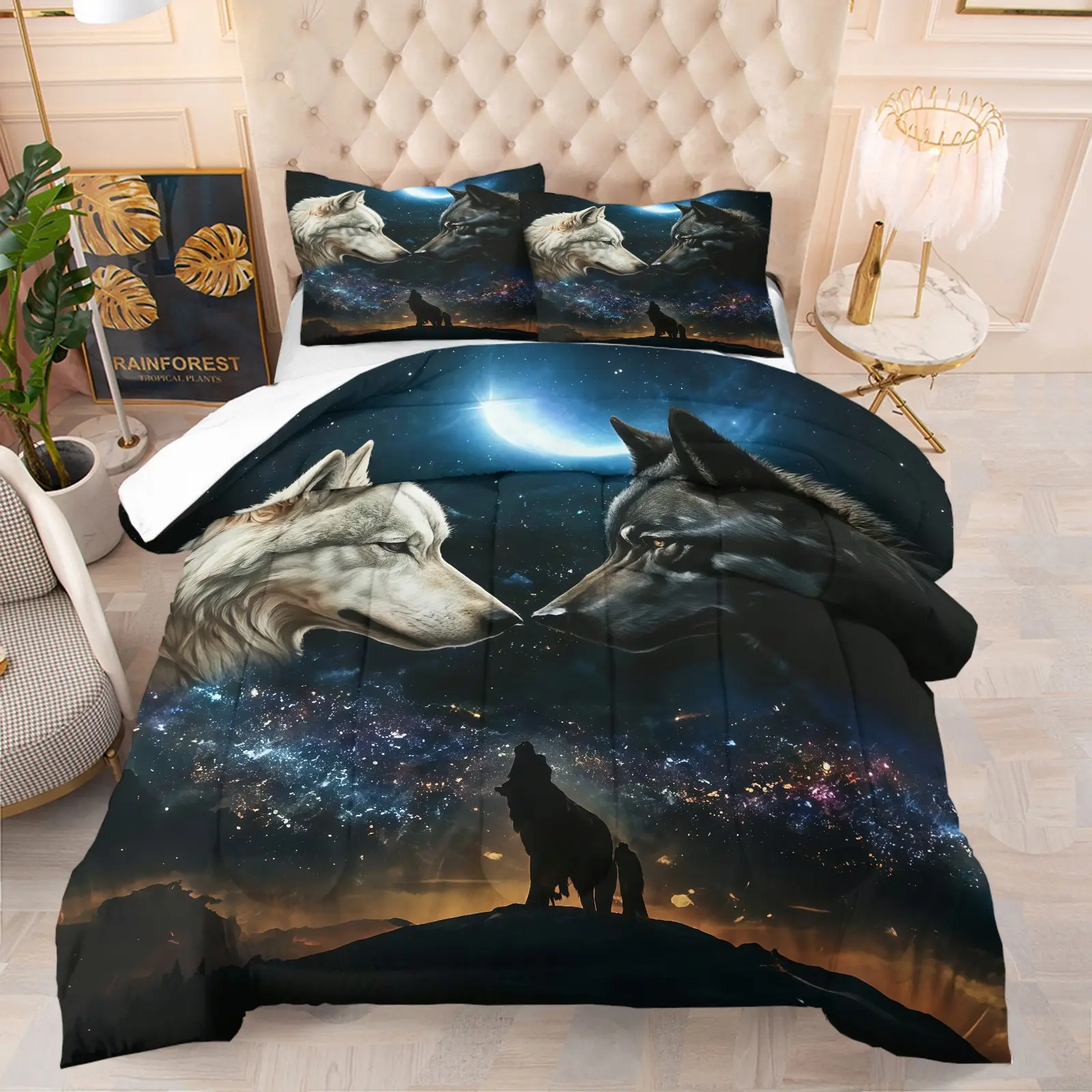 Star Wolf Pattern Comforter Set, Natural Animal Style Bedding Set, Including 1 Comforter And 1 Or 2 Pillowcases (Pillow Inserts Not Included), Suitable For Adults And Animal Lovers, Used For Bedroom And Dormitory Decoration, Decorative Bedding Set
