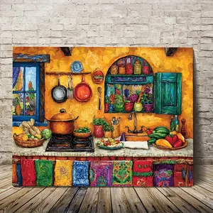 2D Flat Wooden Frame Canvas Wall Art, Ready to Hang, Colorful Mexican Kitchen Artwork, Canvas Decorative Wall Art, Suitable for Bedroom Living Room, Home Wall Decoration, with Frame LLPKH28713