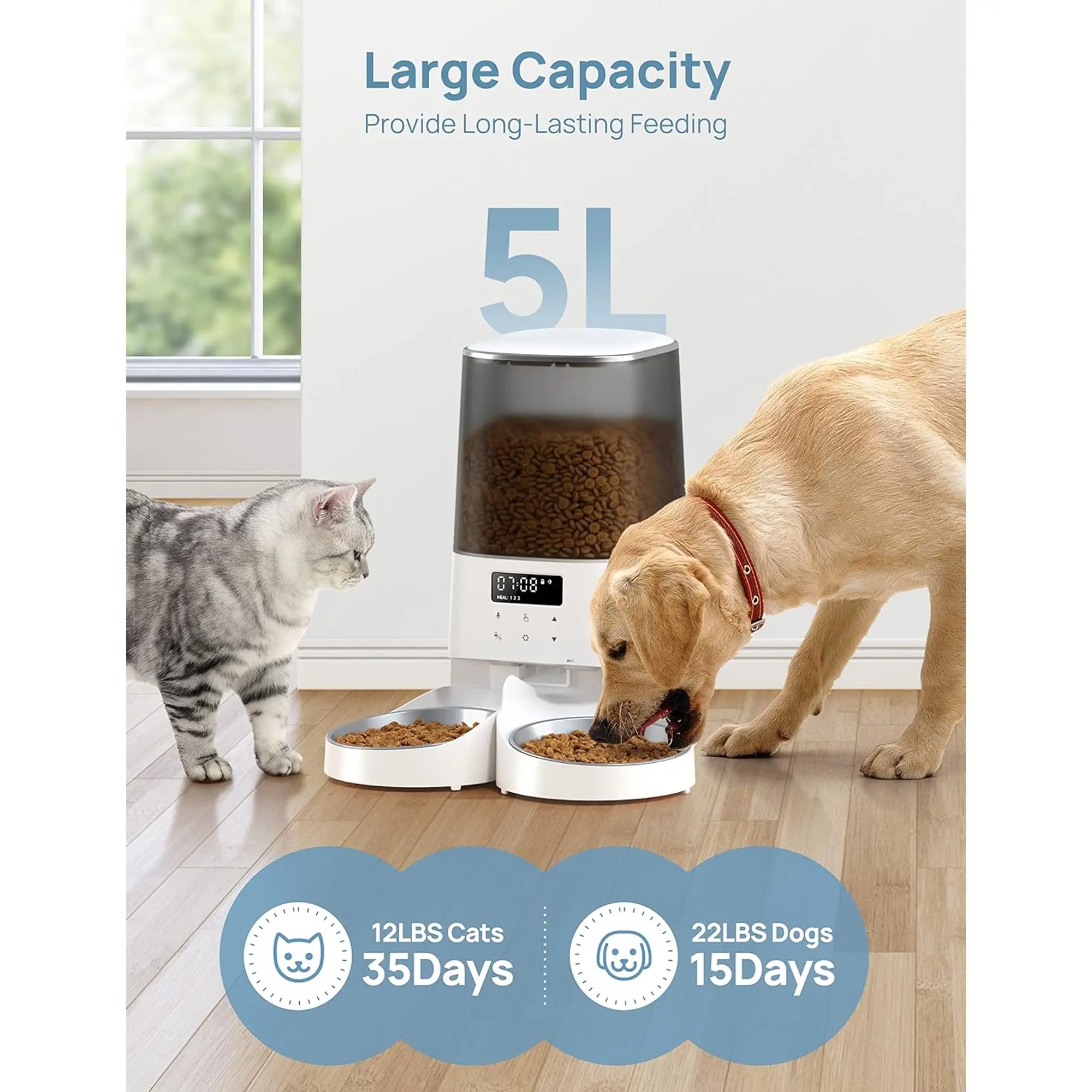 Automatic Dog & Cat Double-Bowl Timed Feeder, 5L/21 Cups Capacity, 48 Portions, 6 Meals/Day, Memory Function, 10s Meal Call for Small Pets