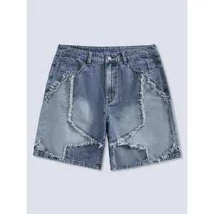 Ripped hem star pattern spring/summer wide-leg denim shorts (with pockets)