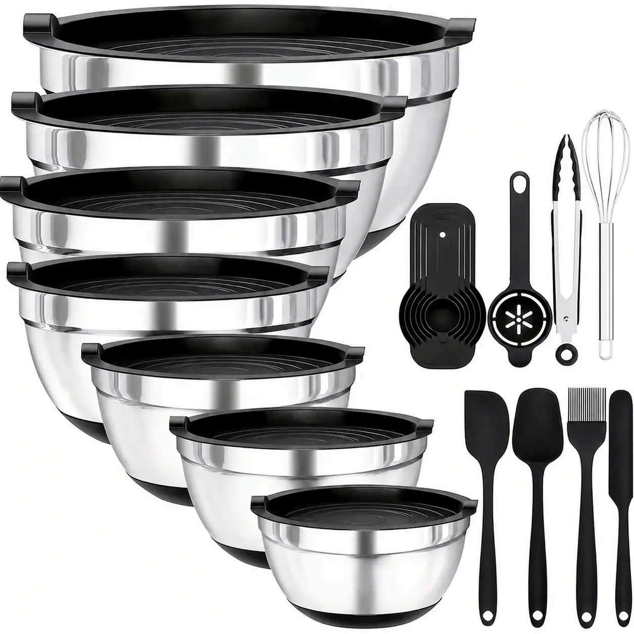 20-Piece Stainless Steel Tableware Mixing Bowls Set with Airtight Lids, 7 Nesting Sizes (0.67-7QT), Non-Slip Silicone Bottoms, Food-Grade BPA-Free, Dishwasher Safe for Baking, Food Prep, Storage
