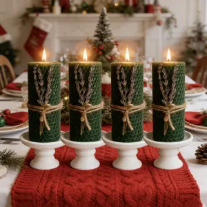 A set of 4 lavender-decorated beeswax candles. Pillar candles, size 10x4 cm, dried flower decorated candles, natural beeswax, four colors, elegant home fragrance, suitable for Christmas, Valentine's Day, home decoration, holiday gifts, and lighting.