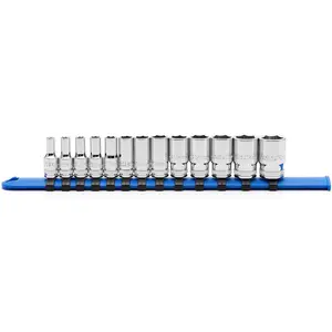 1/4" Drive Mid-Length Socket Set with Storage Rails, 13-, 6 Point, 4-15mm, CR-V, Metric, Semi-Deep Socket Set
