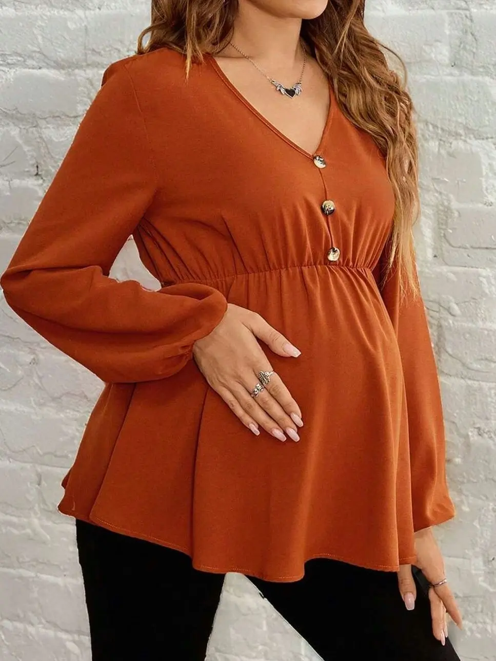 Maternity V-Neck Lantern Sleeve Shirt, Loose Fit Button Detail Casual Pregnancy Top