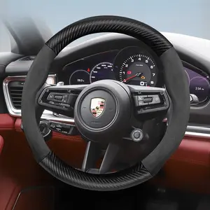 For Porsche carbon fiber texture leather suede steering wheel cover accessories, suitable for models such as Cayenne, Macan, 911, Panamera, 718, Taycan, available in black, red, brown, mocha