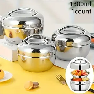 Stainless Steel Leak-Proof Lunch Box, Bento Box, Dual-Layer Insulated Food Container, Microwave Safe, Reusable, Round Shape, Ideal for Office & School Use, Leakproof Lunch Box