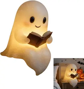 Funny Indoor Ghosts Figurine Decor for Bedroom Living Room Cute Ghost Reading Book Lamp New Halloween Light Up Ghost Statue Night Light with Smile Halloween Home Office Decor Gift For Halloween