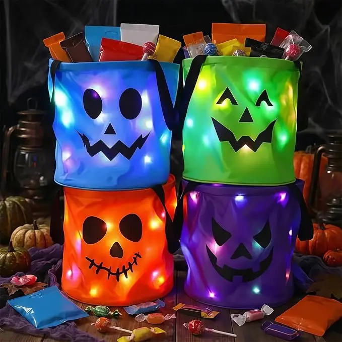 4-Pack LED Light Up Halloween Trick or Treat Bag Set, Reinforced Handle Reusable Polyester Party Bags for Nighttime Candy Collection, 10×11.8 in