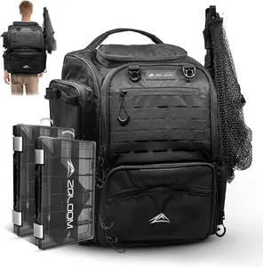 Fishing Backpack with Rod Holder & Foldable Net - 40L Fishing Tackle Backpack, 2 Tackle boxes, Hiking Bag with Waterproof Rain Cover, Extra Storage Compartments