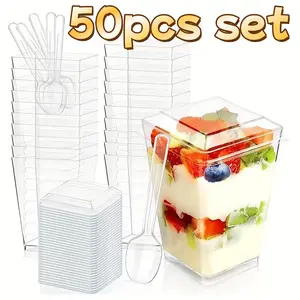 5oz Crystal Plastic Dessert Cups with Lids & Spoons - 50 Disposable Square Parfait Cups, Eco-Friendly Kitchenware for Mousse, Tiramisu, Fruit, Housewarming Events