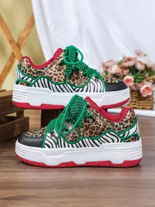 Men's New Fashion Colorblock Leopard Print Casual Sports Shoes, Breathable Thick Sole Low Top Lace-Up Running Shoes