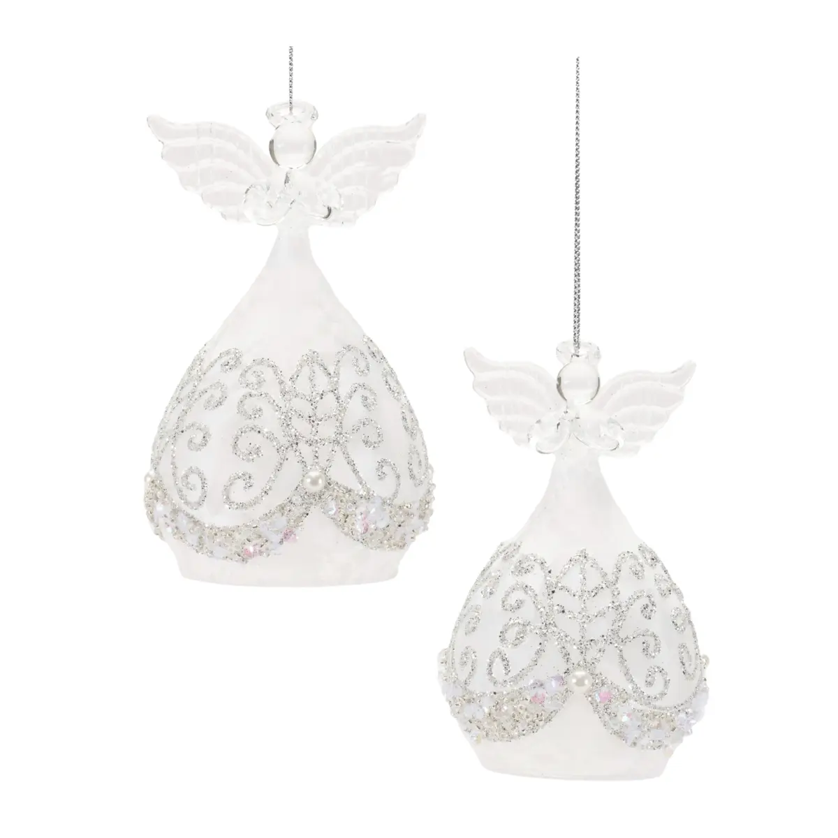Melrose 94841DS 4-Piece Celestial Aesthetic Christmas Glass Ornament Set - 360-Stand, Glittered Pearl Angel Teardrop, 4in-5in, White & Beige, Hanging Loop, Home Supplies Display Festive Decor