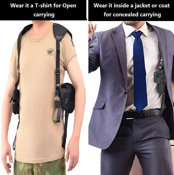 Universal Vertical Shoulder Strap Gun Holster - Concealed Carry with Dual Magazine Pockets, Fits Glock, Smith & Wesson, Bersa, etc., Adjustable Straps