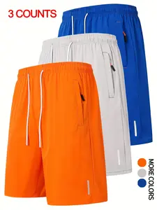 Men’s 3-Pack Summer Fashion Minimalist Shorts — Quick-Dry Sports Running Shorts with Elastic Waist, Drawstring, Hidden Zipper Pockets; Lightweight, Breathable, Cool Fabric; Essential for Daily Home and Outdoor Use