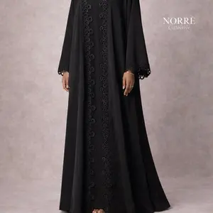 Luxury Koren Nida Abaya - Elegant Black Abaya with Intricate Embroidery and Flowing Design
