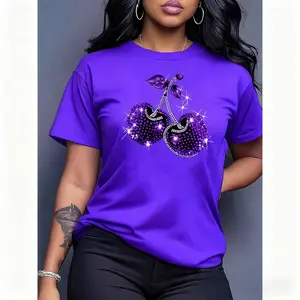 100% Cotton Women's Purple T - Shirt Rhinestone Cherry Graphic Tee Stylish And Eye - Catching Top With 5 Colors Available For Casual Daily Wear Outings And Fashion - Forward Style Statements