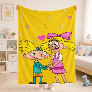 Hey Arnold Cartoon Couple Flannel Blanket, Cute Arnold & Helga Fleece Throw Blanket, Soft Plush Air Conditioner Blanket for Bed Sofa Couch Dorm Room, Cozy Gift for 90s Cartoon Fans Kids Girls Boys