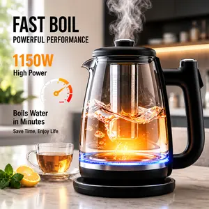 1.8L Glass Electric Kettle with Removable Tea Infuser, 1150W Fast Boil Hot Water Boiler, BPA-Free Cordless Stainless Steel Kettle for Tea, Coffee and Instant Drinks