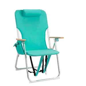 【Father's Day Gift】  1PC L Size Aluminum Beach Chair 17" Seat Height, Head Pillow, 4-Position Adjustable Wooden Armrests, Oxford Cloth Wrap, Dual Shoulder Straps & 2-in-1 Cup Holder Side Pocket, 120kg Load Capacity