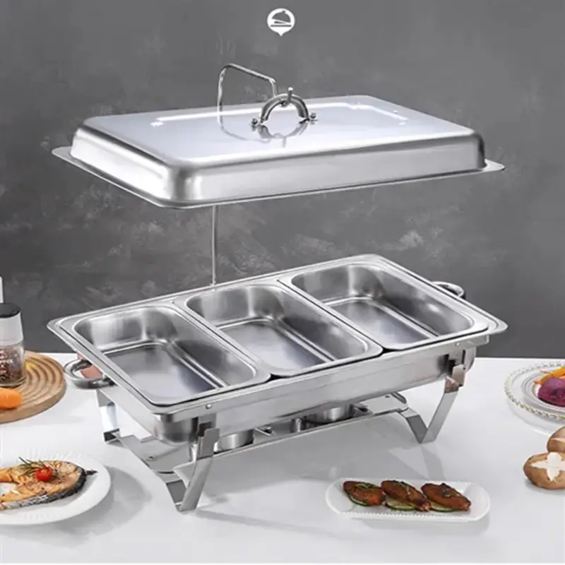 CNCEST 3-Tier Rectangular Stainless Steel Food Warmer Trays - 3.17 qt Large Capacity Buffet Server with Collapsible Stand, Heat-Resistant Easy-to-Clean Home Kitchen Utensil, Modern Design for Parties, Restaurants