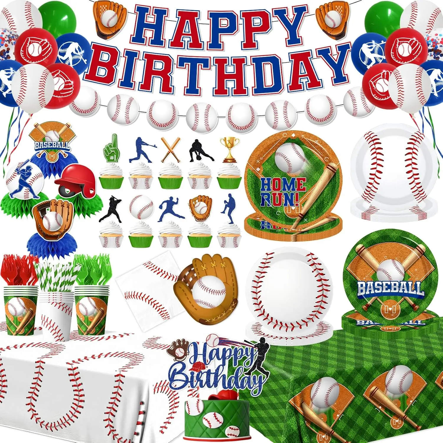 Baseball Party Decorations ,210Pcs Baseball Birthday Party Pack include Baseball Birthday Plates and Napkins, Cake Topper Banner, Large  Themed Tablecloth for Boy Party Supplies