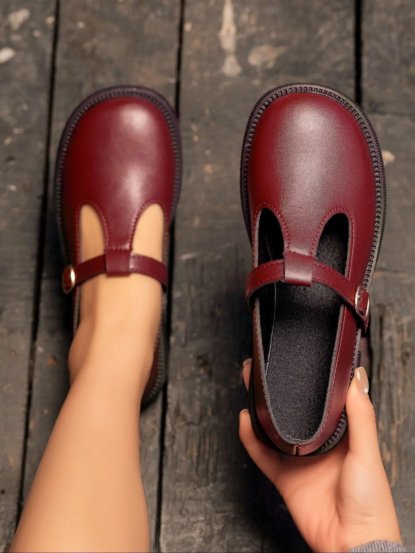 Women's Fashionable T-Strap Wine Flats, Korean Campus Style Classic Mary Jane Loafers, Casual Shoes for Teachers Students Moms Professionals, Office Shoes
