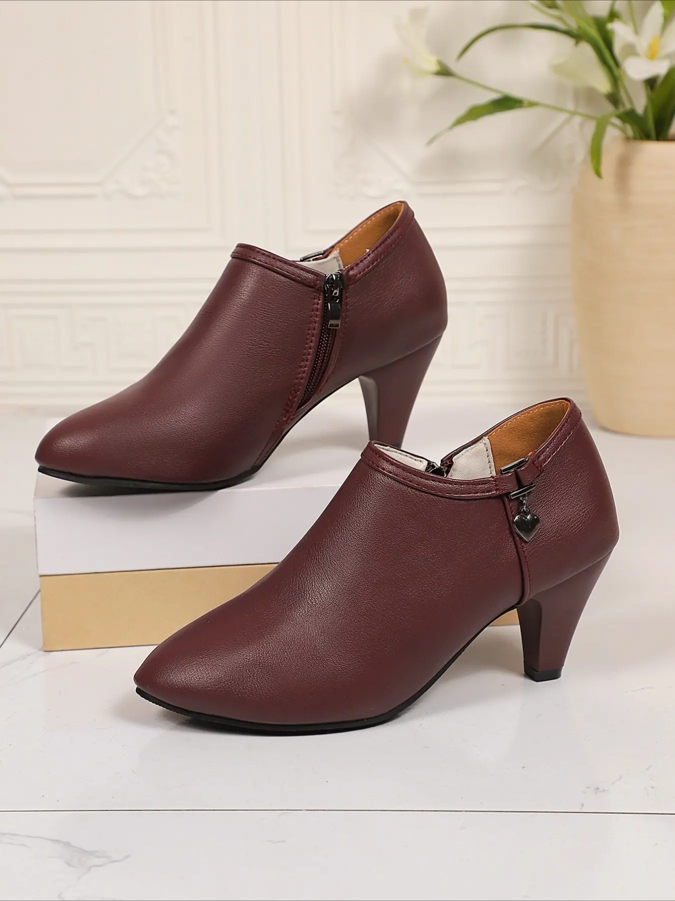 Burgundy Heart Charm Block Heel Ankle Boots for Women