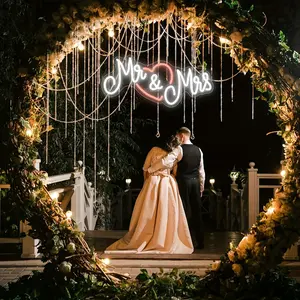 Mr. and Mrs. Neon Sign Dimmable LED Light Sign USB Operated for Engagement Party Decorations, Heart Neon Wedding Sign for Banquet Wall Decorations, Anniversary Valentine's Day Gift, Cool White & Pink, 3-Metre Adjustable Brightness, Includes Hooks & Screws