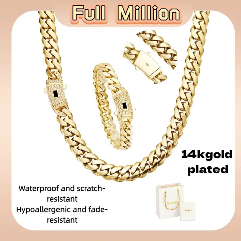 14K gold-plated set, 14K gold electroplating, thick stainless steel chain, diamond and cubic zirconia-studded clasp, double-lock clasp, water-resistant, scratch-resistant, rust-proof,and fade-resistant,Cuban chain,perfect for gifts or couples,Black Friday