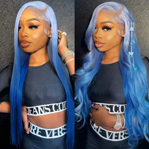Women's Ombre Blue Long Silky Straight Glueless Synthetic Wig, 13*4 HD Transparent Lace Front, Heat Resistant, Realistic Hairline, Free Part Lace Frontal Wig, Glueless Straight Wig