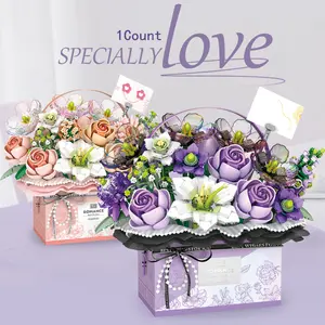 legos Handheld Building Blocks Bouquet Gift Box Rose Eternal Flower Assembly Toy Home Desktop Decoration Teacher's Day Valentine's Day Gift for Teacher, Mother,Girlfriend Purple Roses Bouquet,Unique Gift for Her,Pink Flower Artificial Decorative Ornaments