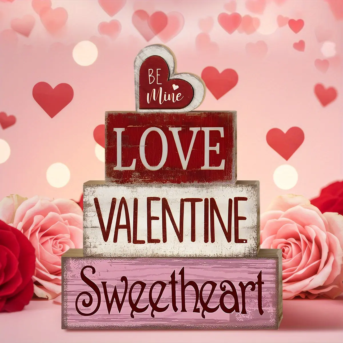 4 Pcs Valentine Table Decor Wooden Red Love Decoration, Valentine's Day Sweet heart Centerpiece, Sweet home Valentine Tiered Tray Decor Red Heart Block Signs Gift for Farmhouse Home Kitchen, valentine's day display set, Heart Plaque