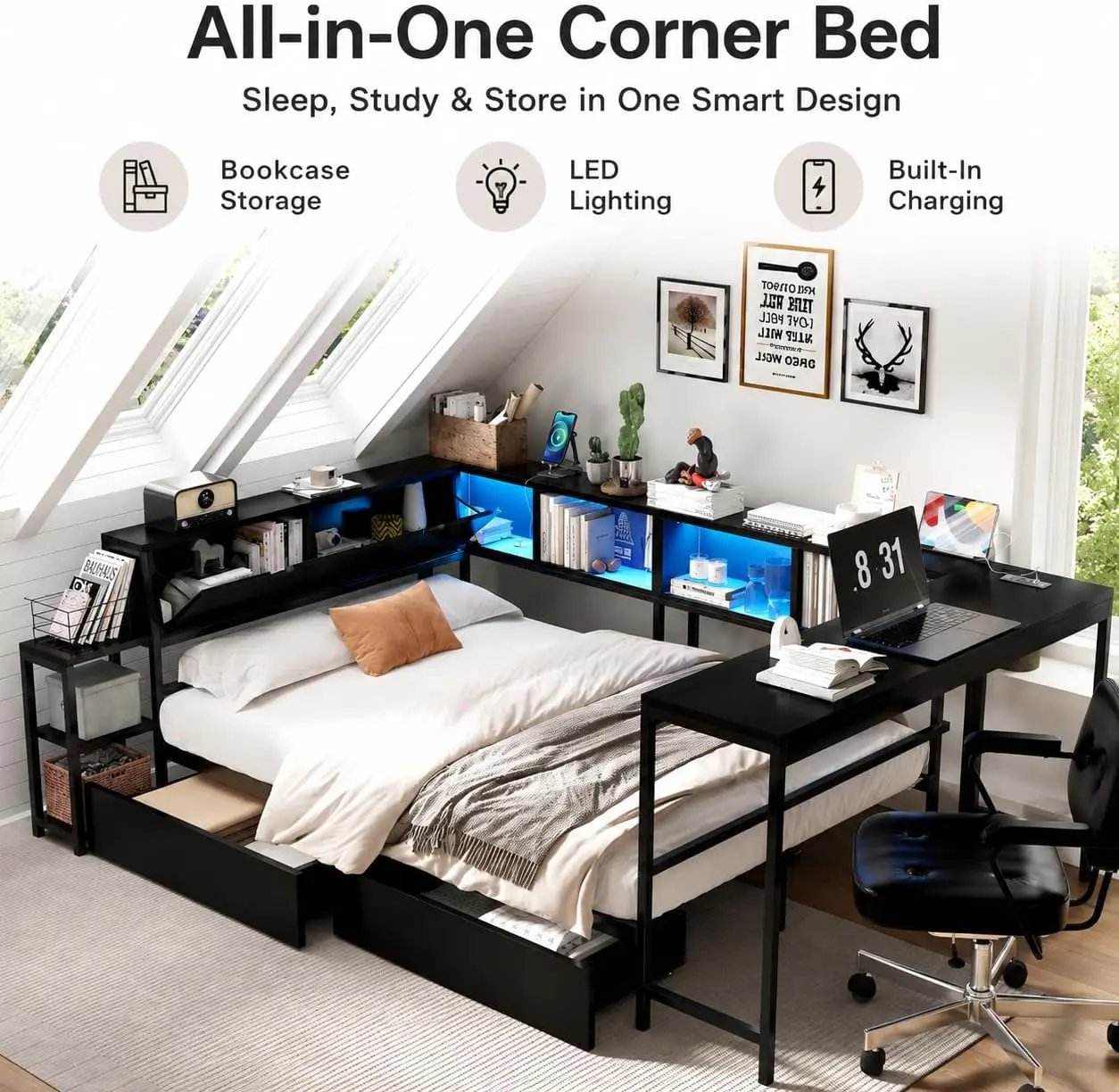 Corner Bed Frame Twin Size with Bookcase & 2 Underbed Storage Drawers, Modern Platform Bed with LED Lights and Charging Station, Space-Saving for Bedroom, Mattress Not Included