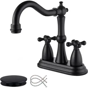Matte Black Bathroom Faucet Antique, 4 Inch Centerset Bathroom Faucet 3 Hole, Stainless Steel Antique Bathroom Faucet Lavatory Faucet with Pop Up Drain Assembly and Supply Hose, SE-0038-BK
