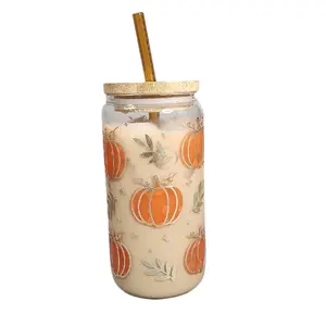 Color Changing Pumpkin Glass Cup, with bamboo lid and straw, Fall Glass Cup. Pumkin Glass Cup, Thanksgiving Gift. Drinkware Tumblers