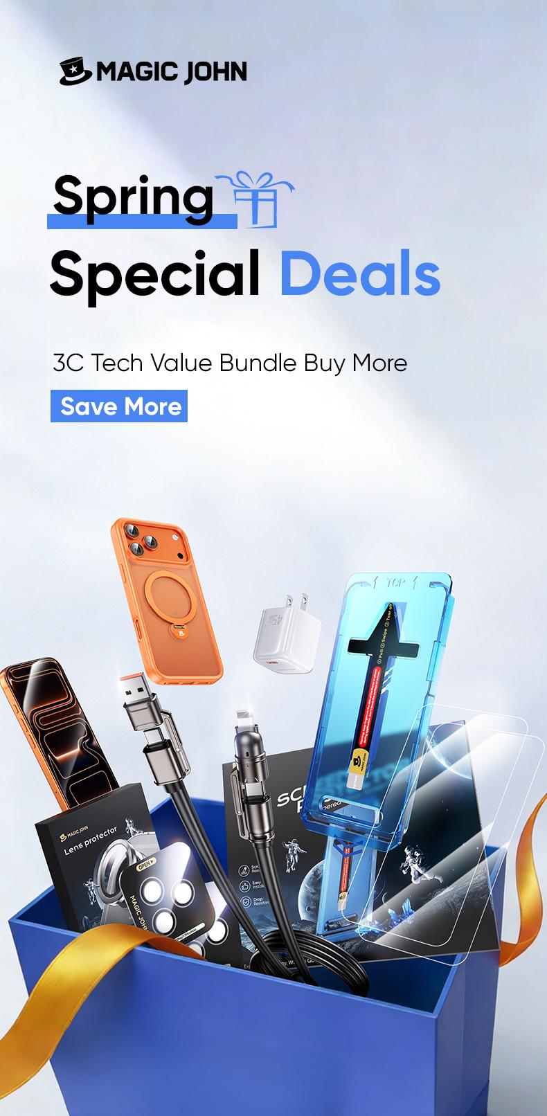 MAGICJOHN Digital Value Bundle for iPhone17/16/15Pro&Pro Max Includes HD or Privacy Tempered Glass Screen Protector, Camera Lens Protector, 360° Rotating Magnetic Stand Phone Case, 45W Super Fast Charger, and 65W USB-C 4-in-1 Charging Cable