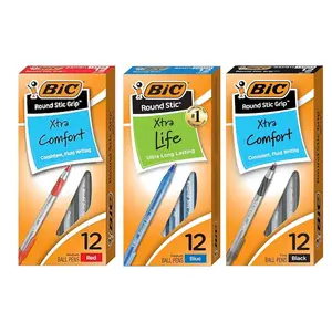 BIC Round Stic Grip Xtra Comfort Black , Blue & Red Ballpoint Pens, Medium Point  12-Count Pack