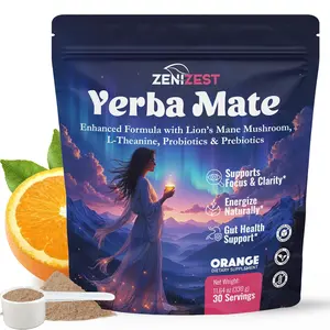 ZeniZest Yerba Mate Instant Tea Powder - Natural Drink for Energy Gut Health Focus & Brain Support with L-Theanine Lion's Mane Extract Prebiotics Probiotics Fiber Blend - Sugar-Free 30 Servings
