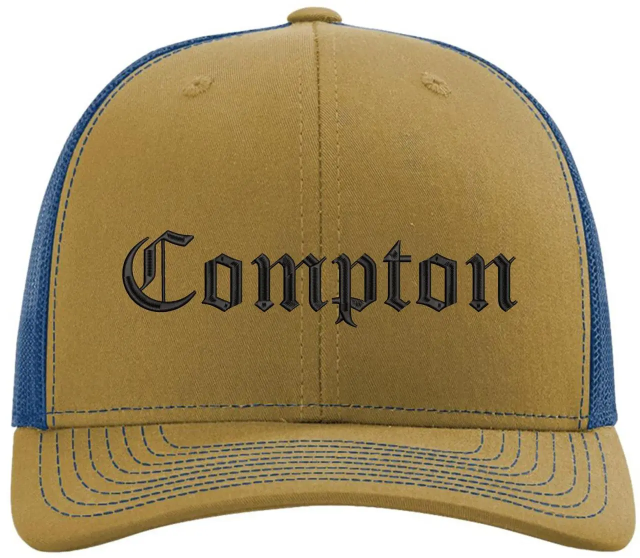Compton Streetwear Trucker Hat, Unisex Old English Embroidered Cotton-Poly Adjustable Snapback with Breathable Mesh, Lettering Hats